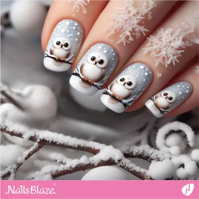 Gray and White Ombre Nails with Snowy Owl | Polar Wonders Nails - NB3137